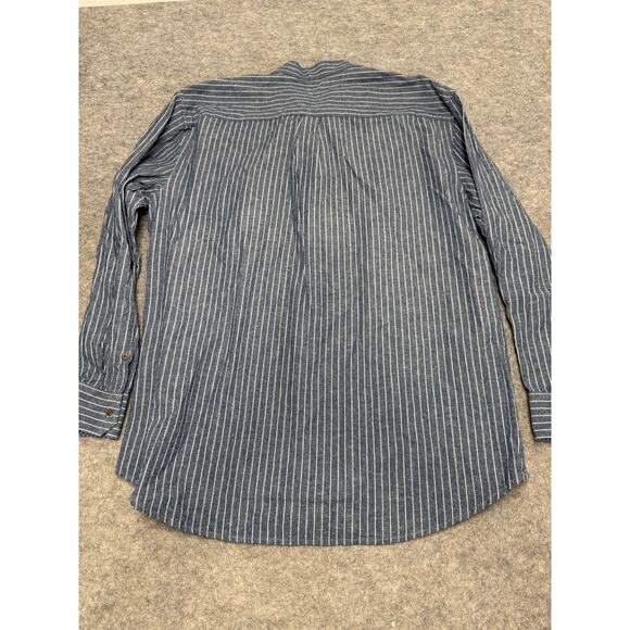 Celtic Ranchwear Shirt L Blue White Stripe Band Collar Button Cotton Linen - Picture 8 of 9